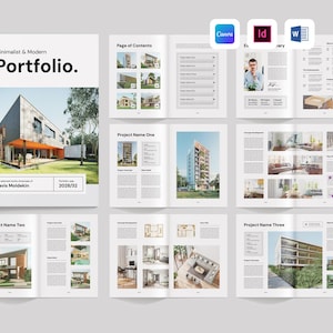 Portfoliomall | Redaktionell layout för böcker | Broschyr med minimalistisk arkitektur | Tidskriftshäfte | Inredningskatalog (Canva, MS Word, InDesign)