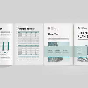 May include: A three-page business plan document with a green and white colour scheme. The first page shows a financial plan with a bar graph and text. The second page shows a financial forecast with a table. The third page shows the text "Business Plan 2026" with a photo of a modern building.
