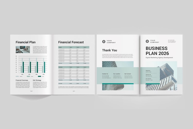 May include: A three-page business plan document with a green and white colour scheme. The first page shows a financial plan with a bar graph and text. The second page shows a financial forecast with a table. The third page shows the text "Business Plan 2026" with a photo of a modern building.