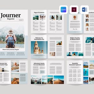 以下が含まれることがあります： 「Journer Magazine」というタイトルの雑誌の見開きページで、「Where Every Journey Begins」というスローガンがあります。表紙にはバックパックを背負った人がいます。内部には、旅行先、写真、記事が表示されています。デザインには、Canva、Id、Wのアイコンが含まれています。