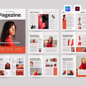 Puede incluir: Una plantilla de diseño de revista digital titulada Pagezine, que presenta varias páginas con esquemas de color rojo y blanco, fotografías de personas con ropa roja, imágenes de viajes y bloques de texto. Incluye iconos de Canva e InDesign.