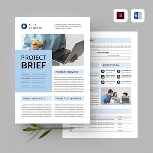 May include: A project brief template with a blue and white color scheme. The document includes sections for project name, project leader, project date, client name, project overview, objectives and goals, project deliverables, project team, and budget. The document also includes a timeline and a photo of a team working on a project.