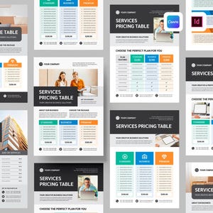 May include: A collection of business services pricing table templates featuring white, black, teal, blue, and orange colour schemes. Each layout includes sections for company branding, service descriptions, and tiered pricing plans with checkmarks.