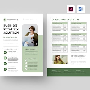May include: A white and green business flyer featuring a photo of a woman working on a laptop. The flyer advertises business strategy solutions and lists core competencies, what to expect, and why to choose the company. The back of the flyer lists a price list for different services.