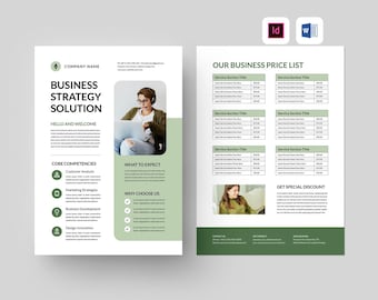Puede incluir: Un folleto de negocios blanco y verde con una foto de una mujer trabajando en una computadora portátil. El folleto anuncia soluciones de estrategia empresarial y enumera las competencias principales, qué esperar y por qué elegir la empresa. La parte posterior del folleto enumera una lista de precios para diferentes servicios.
