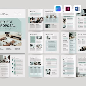 May include: A project proposal template with a white and teal color scheme. The cover reads "PROJECT PROPOSAL" with "Creative Brand Identity Development" below. Inside pages include "About Us", "Meet The Team", and "Case Study" sections.