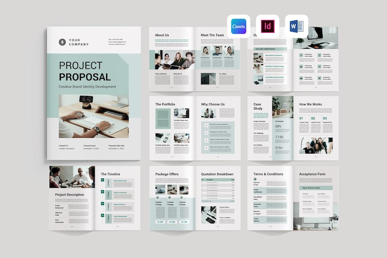 May include: A project proposal template with a white and teal color scheme. The cover reads "PROJECT PROPOSAL" with "Creative Brand Identity Development" below. Inside pages include "About Us", "Meet The Team", and "Case Study" sections.