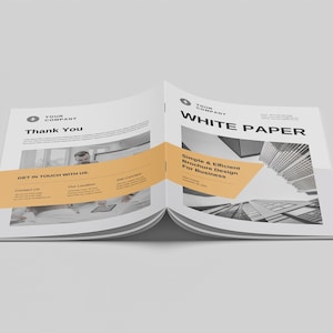 May include: A white paper brochure with a black and white photo of a city skyline. The brochure has a yellow header that says "White Paper" and "Simple & Efficient Brochure Design For Business". The back of the brochure says "Thank You" and has a section for contact information.