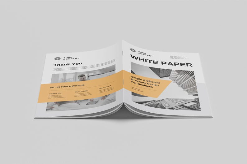 May include: A white paper brochure with a black and white photo of a city skyline. The brochure has a yellow header that says "White Paper" and "Simple & Efficient Brochure Design For Business". The back of the brochure says "Thank You" and has a section for contact information.