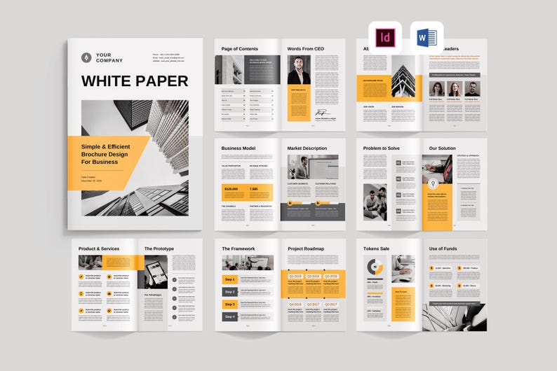 May include: A white paper document with a yellow and gray color scheme. The cover features a cityscape with the text "WHITE PAPER" and "Simple & Efficient Brochure Design For Business". The document includes sections for "Page of Contents", "Words From CEO", "Business Model", "Market Description", "Problems to Solve", "Our Solution", "Product & Services", "The Prototype", "The Framework", "Project Roadmap", "Tokens Sale", and "Use of Funds".