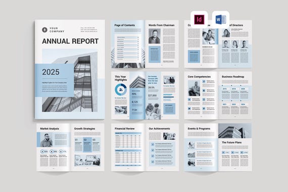 Annual Report Template | Microsoft Word | Adobe Indesign | Business Report Brochure | Company Performance Review | Year End Corporate Report