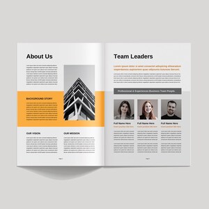May include: A two-page spread of a company brochure with a black and white photo of a building on the left page. The right page has a section titled "Team Leaders" with photos of three people and their names. The text on the left page includes the words "About Us", "Background Story", "Our Vision", and "Our Mission".