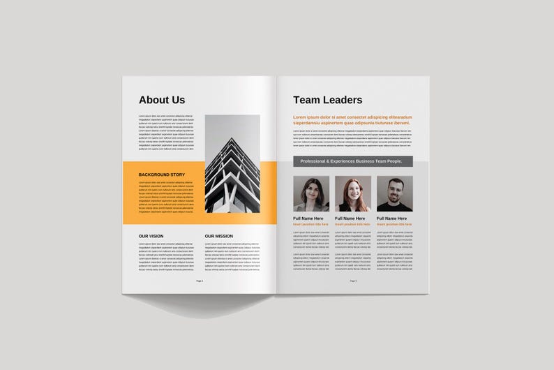 May include: A two-page spread of a company brochure with a black and white photo of a building on the left page. The right page has a section titled "Team Leaders" with photos of three people and their names. The text on the left page includes the words "About Us", "Background Story", "Our Vision", and "Our Mission".