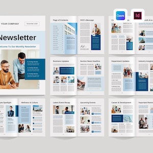 以下が含まれることがあります： 青と白のデザインの企業ニュースレターのレイアウト。表紙には「Newsletter」と「Welcome To Our Monthly Newsletter」と書かれています。内部ページには「CEO's Message」や「Department Updates」などが含まれています。