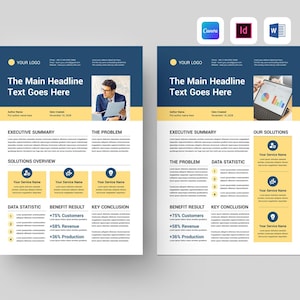 May include: Two-page business report template with a dark blue header and yellow accents. The main headline text is displayed prominently. The report includes sections for executive summary, solutions overview, data statistics, and key conclusions. Icons for Canva, InDesign, and Word are in the top right.