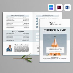 May include: A church bulletin template in light blue and white. It features the church name, weekly services, and announcements. The front page has a photo of a church steeple.