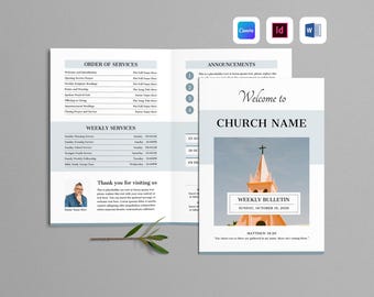 Sjabloon kerkbulletin | Programma kerkdiensten | Eenvoudig nieuwsbrieffolder | Tweevoudige brochure voor aanbiddingsevenementen (Canva, MS Word, InDesign)