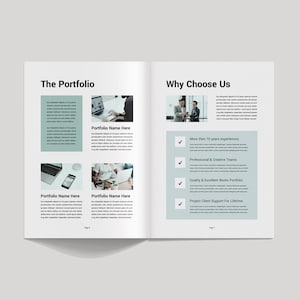 May include: Open magazine spread with the headings "The Portfolio" and "Why Choose Us." The left page features text and images labeled "Portfolio Name Here." The right page lists benefits, including "More than 10 years experience."