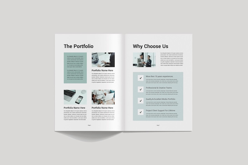 May include: Open magazine spread with the headings "The Portfolio" and "Why Choose Us." The left page features text and images labeled "Portfolio Name Here." The right page lists benefits, including "More than 10 years experience."