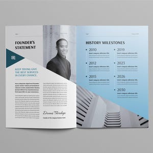 May include: Open magazine spread with a founder's statement and history milestones. The left page features text and a geometric design with the text "KEEP TRYING GIVE THE BEST SERVICES IN EVERY CHANCE." The right page has a timeline.