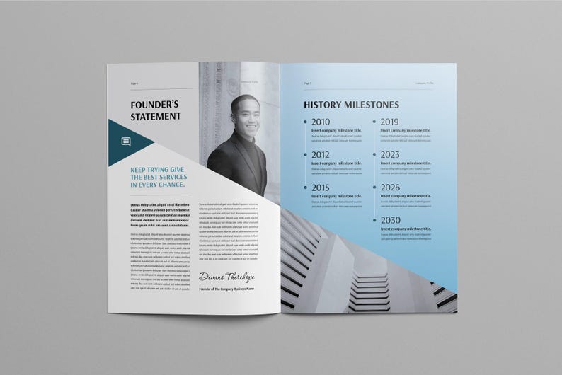 May include: Open magazine spread with a founder's statement and history milestones. The left page features text and a geometric design with the text "KEEP TRYING GIVE THE BEST SERVICES IN EVERY CHANCE." The right page has a timeline.