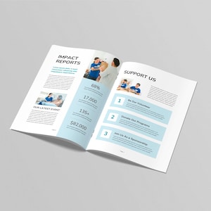 Puede incluir: Folleto abierto con los t&iacute;tulos "Impact Reports" y "Support Us". El folleto presenta im&aacute;genes, texto y estad&iacute;sticas, incluyendo "68%", "17.000", "135+" y "$82.000". El dise&ntilde;o incorpora acentos en azul claro.