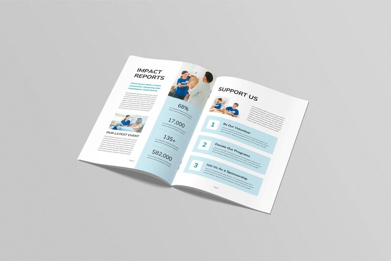 Puede incluir: Folleto abierto con los t&iacute;tulos "Impact Reports" y "Support Us". El folleto presenta im&aacute;genes, texto y estad&iacute;sticas, incluyendo "68%", "17.000", "135+" y "$82.000". El dise&ntilde;o incorpora acentos en azul claro.