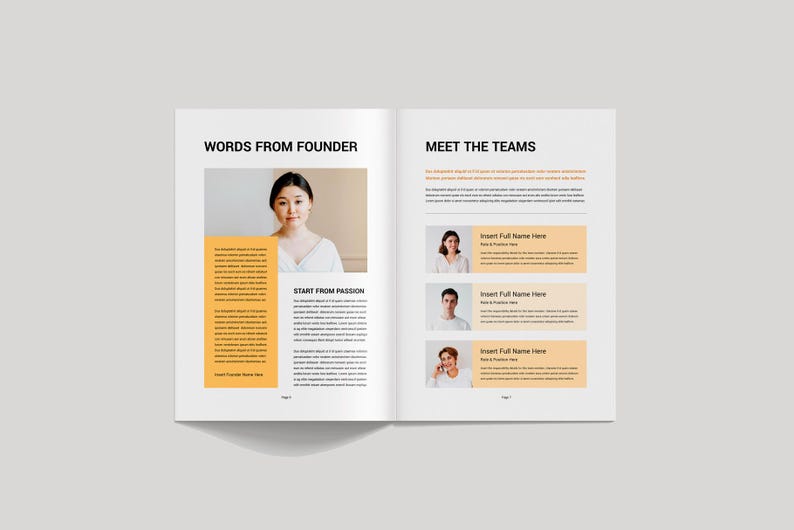 Op de afbeelding: Een open tijdschriftpagina met de titels "WORDS FROM FOUNDER" en "MEET THE TEAMS". De linkerpagina toont een foto van een vrouw en tekstblokken. De rechterpagina heeft tijdelijke aanduidingen voor teamleden. De tekst "START FROM PASSION" is zichtbaar.