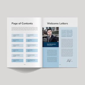 May include: An open book showing a "Page of Contents" and "Welcome Letters" spread. The left page lists topics such as "Company Overview" and "Board of Directors." The right page features a man in a suit and text, with a signature.