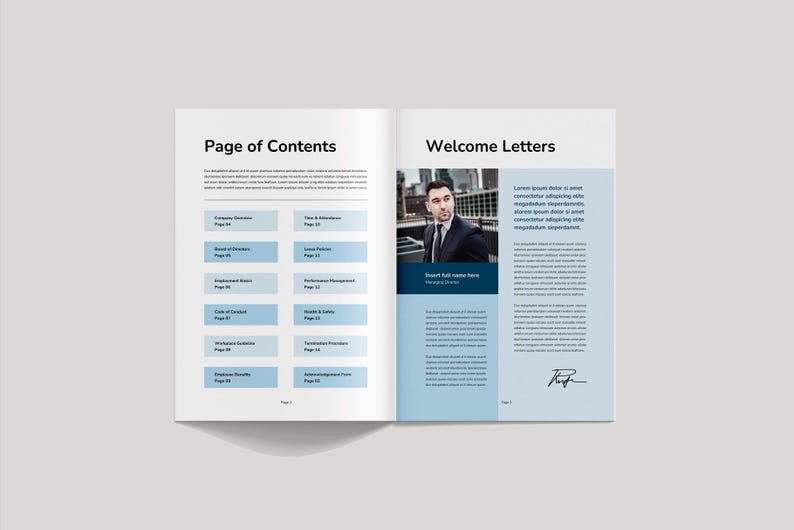 May include: An open book showing a "Page of Contents" and "Welcome Letters" spread. The left page lists topics such as "Company Overview" and "Board of Directors." The right page features a man in a suit and text, with a signature.