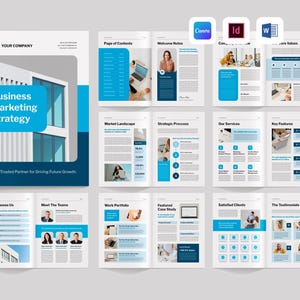 Pode incluir: Brochura intitulada "Business Marketing Strategy" com um design azul e branco. A brochura inclui páginas com texto, imagens e ícones. Ícones de software Canva, InDesign e Word visíveis.
