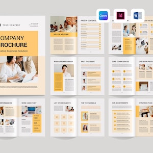Op de afbeelding: Een bedrijfsbrochure met een geel en wit ontwerp. De omslag toont "COMPANY BROCHURE" en "Creative Business Solution". Binnenpagina's tonen inhoudssecties, foto's en pictogrammen. Software-iconen voor Canva, Id en W zijn zichtbaar.