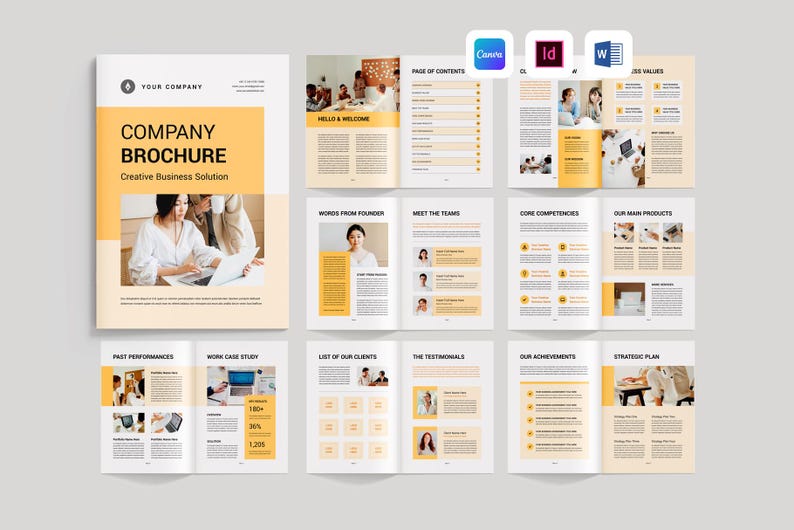Op de afbeelding: Een bedrijfsbrochure met een geel en wit ontwerp. De omslag toont "COMPANY BROCHURE" en "Creative Business Solution". Binnenpagina's tonen inhoudssecties, foto's en pictogrammen. Software-iconen voor Canva, Id en W zijn zichtbaar.
