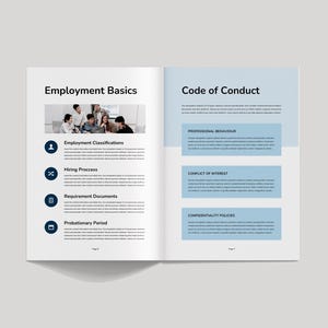 May include: An open book with the titles "Employment Basics" and "Code of Conduct" displayed. The left page includes a photo of a meeting, with sections on employment classifications and the hiring process. The right page covers professional conduct.