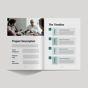 May include: A two-page spread from a business document. The left page is titled "Project Description" with sections for background, objectives, and deliverables. The right page is titled "The Timeline" with a four-step process, each with a time frame.