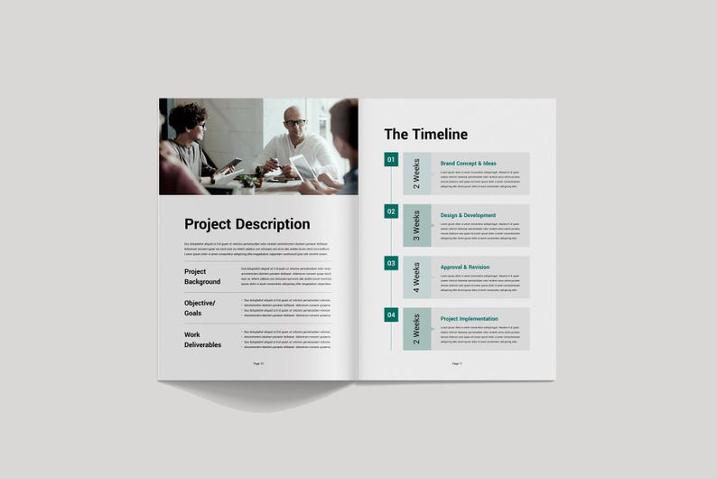 May include: A two-page spread from a business document. The left page is titled "Project Description" with sections for background, objectives, and deliverables. The right page is titled "The Timeline" with a four-step process, each with a time frame.