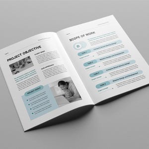 May include: A document with the title "Project Objective" and "Scope of Work". The document outlines the project goals and tasks. The document includes a black and white photo of a person working on a computer.