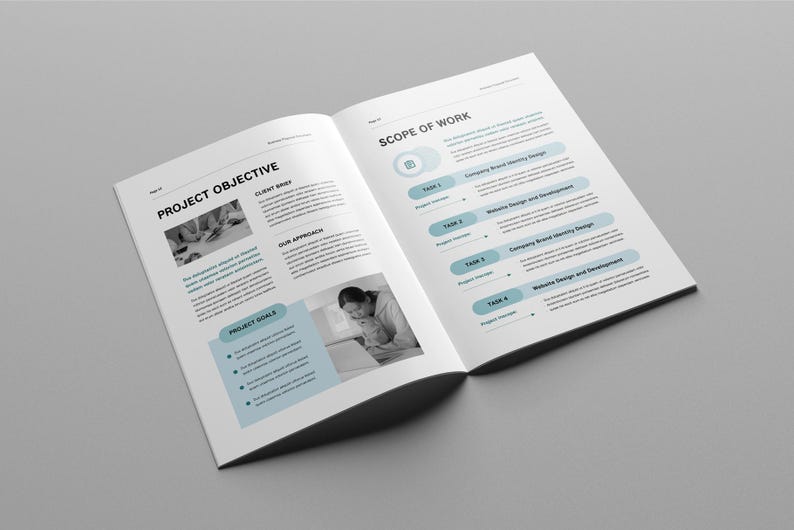 May include: A document with the title "Project Objective" and "Scope of Work". The document outlines the project goals and tasks. The document includes a black and white photo of a person working on a computer.