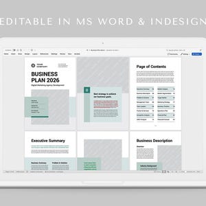 May include: A laptop computer screen displaying a business plan template with a green and grey colour scheme. The template includes sections for an executive summary, business description, and a page of contents. The text on the screen reads "Business Plan 2026".