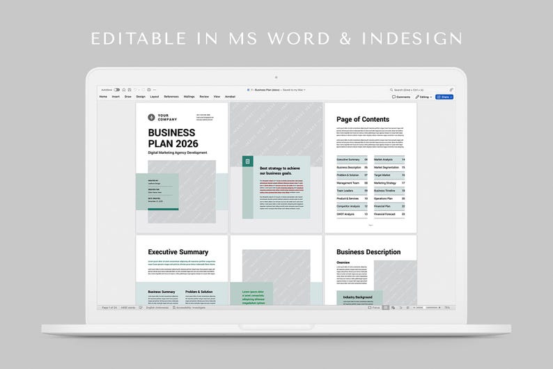 May include: A laptop computer screen displaying a business plan template with a green and grey colour scheme. The template includes sections for an executive summary, business description, and a page of contents. The text on the screen reads "Business Plan 2026".
