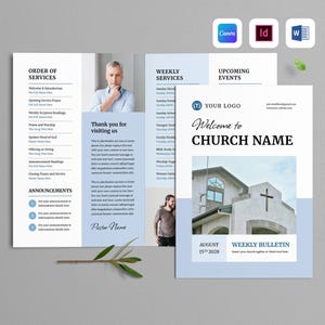 May include: A church bulletin design in light blue and white. The bulletin includes the text "Welcome to CHURCH NAME" and "WEEKLY BULLETIN". The design also features images of a church building and people.