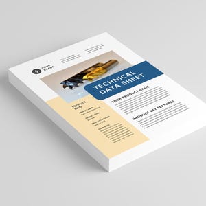 May include: A pile of white paper with a blue and beige design. The words "TECHNICAL DATA SHEET" are in a blue rectangle. The image includes a close-up of a drill bit. The document includes the text "YOUR PRODUCT NAME" and "PRODUCT KEY FEATURES".