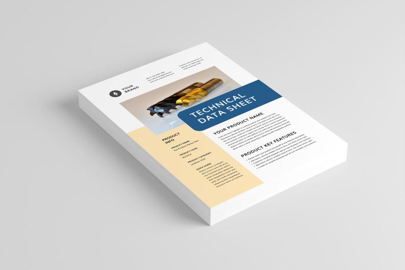 May include: A pile of white paper with a blue and beige design. The words "TECHNICAL DATA SHEET" are in a blue rectangle. The image includes a close-up of a drill bit. The document includes the text "YOUR PRODUCT NAME" and "PRODUCT KEY FEATURES".