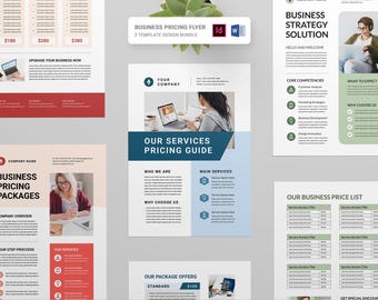 May include: A collection of business pricing flyers and guides. The documents feature a variety of layouts with text and images. The color scheme includes white, red, blue, and green. The flyers are designed for business strategy solutions and pricing packages.