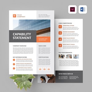 May include: A brochure with a modern design, featuring the text "CAPABILITY STATEMENT" in large letters. The brochure includes sections for company overview, key differentiators, and core competencies. Orange and gray accents highlight key information. Software icons are in the top right.