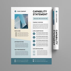 May include: A white and teal Capability Statement document with the text "YOUR COMPANY" and "CAPABILITY STATEMENT". The document includes sections for Company Overview, Core Competencies, and Certifications. A rolled-up version of the document is also present.