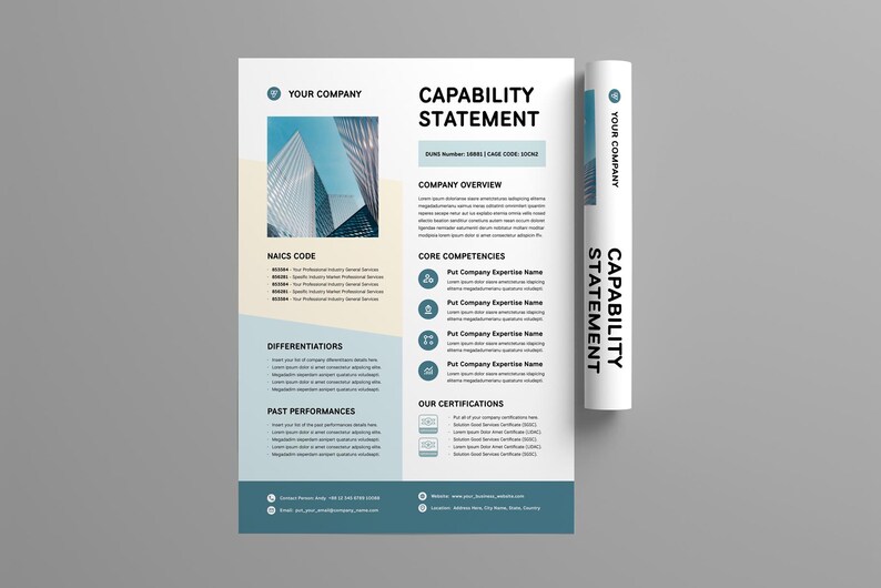 May include: A white and teal Capability Statement document with the text "YOUR COMPANY" and "CAPABILITY STATEMENT". The document includes sections for Company Overview, Core Competencies, and Certifications. A rolled-up version of the document is also present.