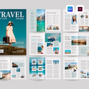Op de afbeelding: Een digitaal reismagazine-sjabloon met een voorpagina waarop een persoon in een lichte jurk met een koffer staat, naast meerdere lay-outs voor binnenpagina's met reisfotografie, tekstkolommen en koppen zoals Table of Contents.