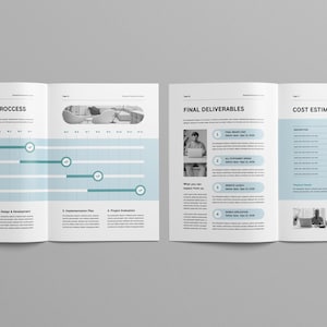 May include: A document with a timeline and process, final deliverables, and cost estimation. The timeline is a Gantt chart with four phases: Initial & Research, Design & Development, Implementation Plan, and Project Execution. The final deliverables are listed with dates. The cost estimation includes a table with descriptions, unit price, quantity, and total cost. The document has a blue and white color scheme.