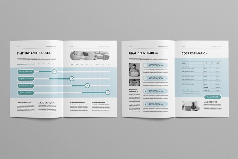 May include: A document with a timeline and process, final deliverables, and cost estimation. The timeline is a Gantt chart with four phases: Initial & Research, Design & Development, Implementation Plan, and Project Execution. The final deliverables are listed with dates. The cost estimation includes a table with descriptions, unit price, quantity, and total cost. The document has a blue and white color scheme.